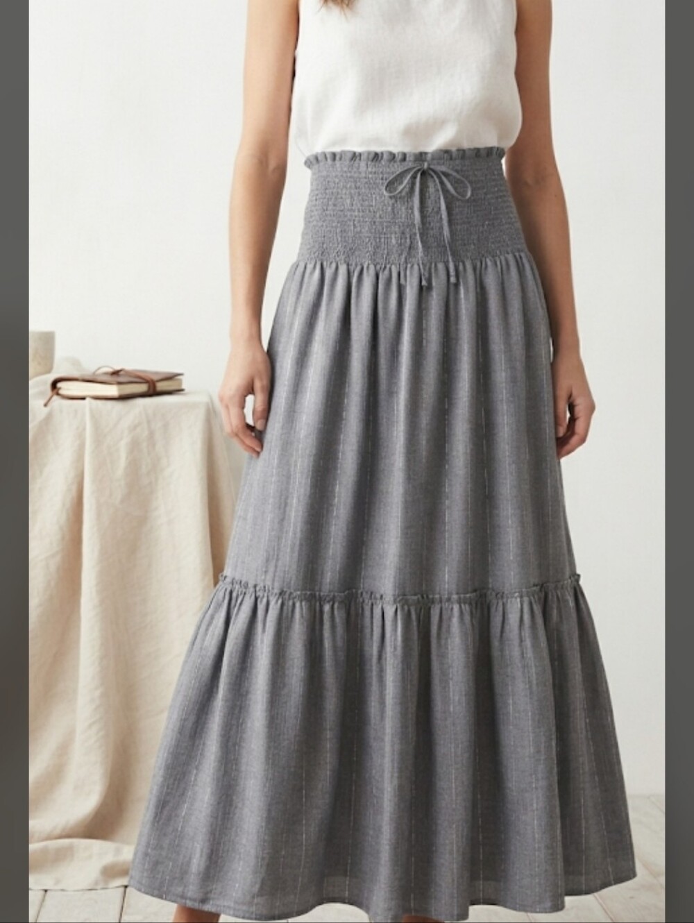 striped Smocked-Waist Maxi Skirt in Chambray Blue NWOT